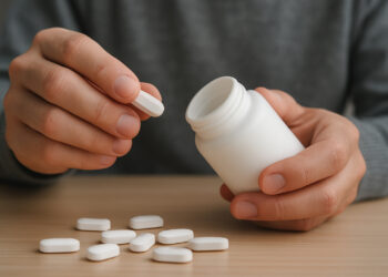 A person holds a white pill bottle as they prepare to take out a white pill, with more pills scattered on a wooden surface.