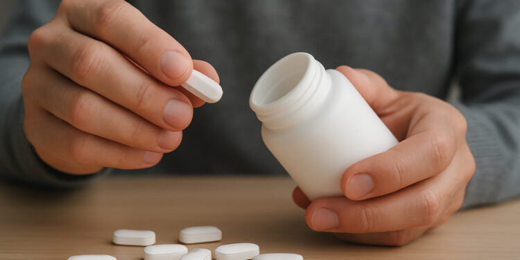 A person holds a white pill bottle as they prepare to take out a white pill, with more pills scattered on a wooden surface.