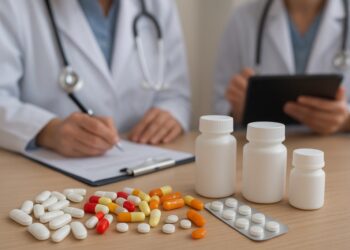 Dos médicos en batas blancas, uno escribiendo en una hoja y el otro sosteniendo una tablet, rodeados de frascos de medicamentos y tabletas sobre una mesa.