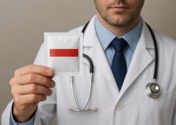 Doctor in a white coat holding a package with a red label, in a neutral setting.