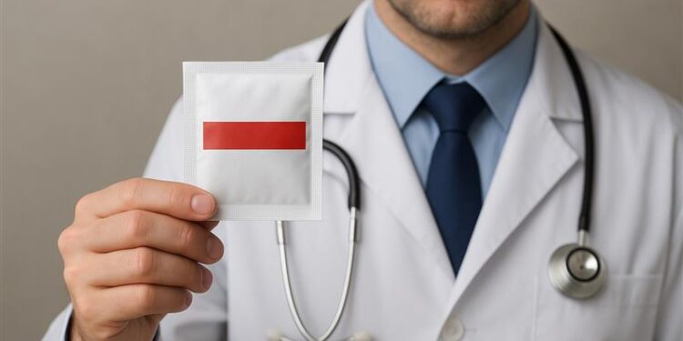 Un médecin en blouse blanche tient un paquet avec une étiquette rouge, dans un environnement neutre.