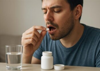 A man in a blue T-shirt is about to take a white pill from a white bottle, while holding a glass of water next to him.