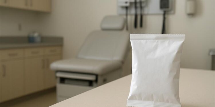 Paquete blanco en una mesa dentro de un consultorio médico, con una silla de examen y equipo médico visible en el fondo.