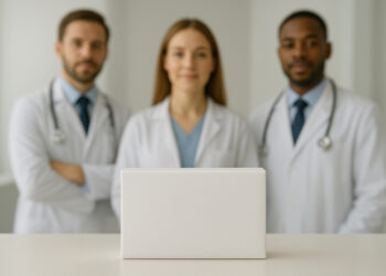 A group of three healthcare professionals in white coats, with two men on either side and a woman in the center, all standing behind a white box on a light-colored surface, in a brightly lit clinical setting.