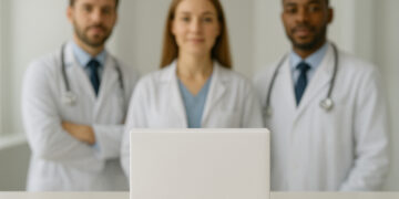 Un grupo de tres profesionales de la salud en bata blanca, con dos hombres a los lados y una mujer al centro, todos de pie detrás de una caja blanca sobre una superficie clara, en un entorno clínico iluminado.